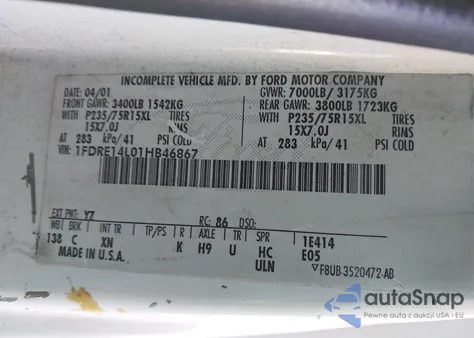 2001 Ford E-150 Recreational из США, поврежденный, VIN 1FDRE14L01HB46867